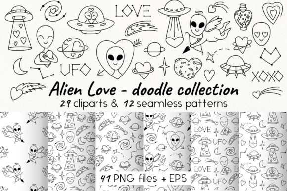 Alien Love: A Doodle-Style Clip Art & Pattern Collection for Creative Projects