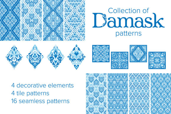 Collection of Damask Patterns in Blue