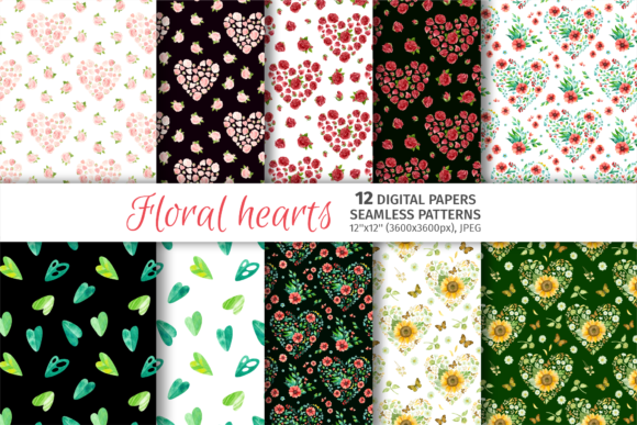 Flower Hearts & Botanical Patterns Digital Paper Pack